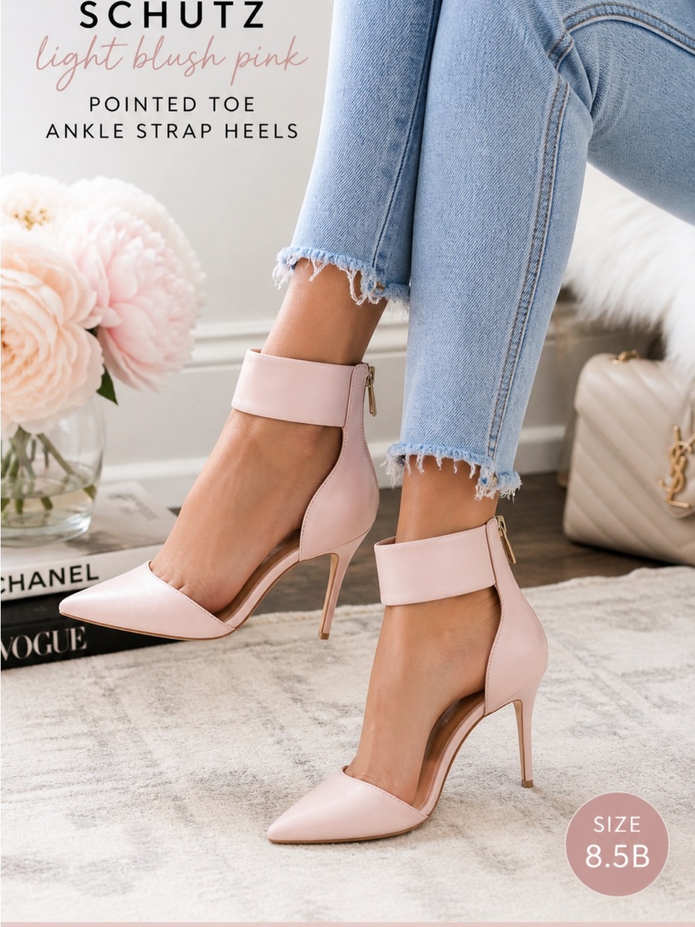 Schutz Light Blush Pink Ankle Strap Pointed Toe Heels Size 8.5B Stiletto Pumps